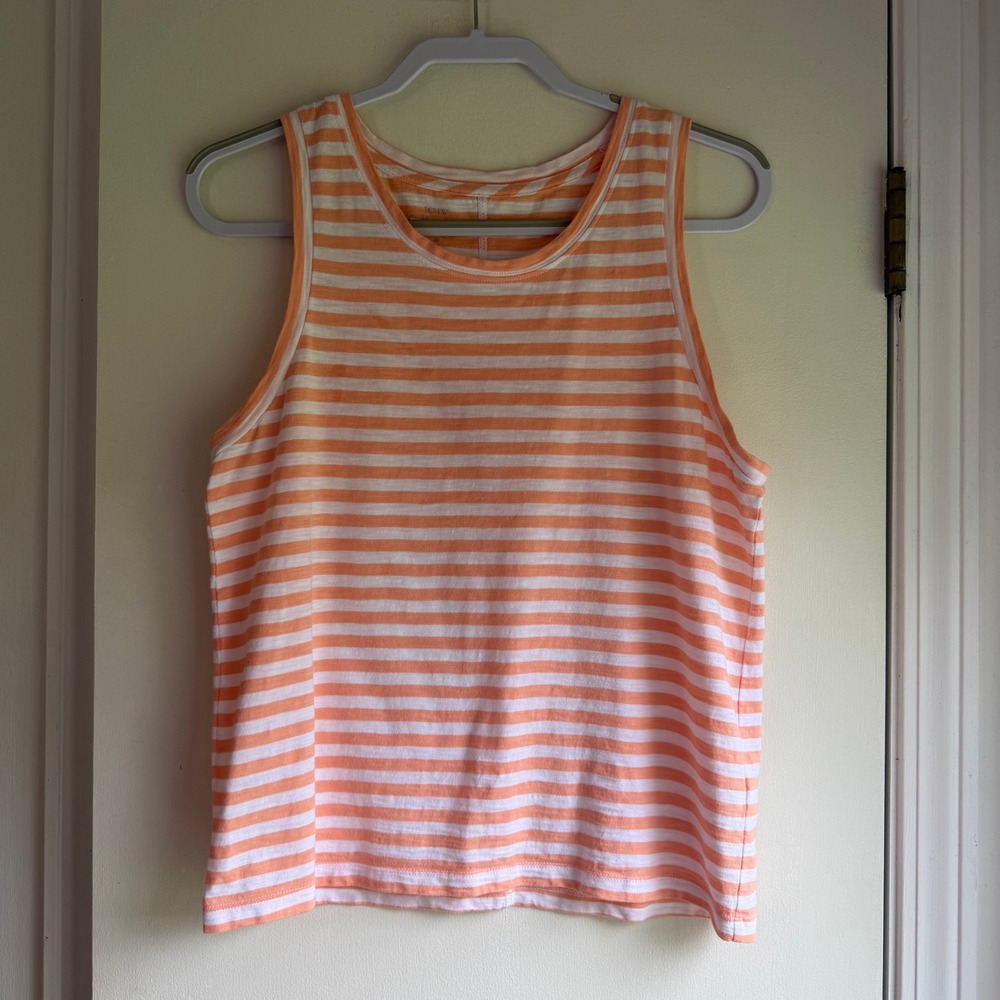 J.Crew Girlfriend Tank Top Orange White Striped Cotton Crew Neck Mens Medium